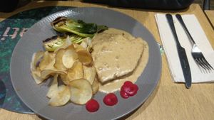 Seitan with peanut butter sauce, quite blend. 12,50€ dish. at Veganapati in Lisbon