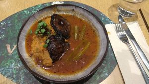 Portobello with sweet potatoes pure, small portobello mushrooms and the greens are not eatable... 😢. Small portion. 13€ dish. at Veganapati in Lisbon