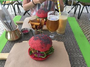 Burger with sweetpotato fries  at Veganapati in Lisbon