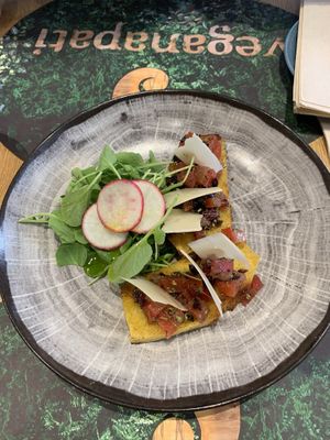 Vegan cornbread bruschetta   at Veganapati in Lisbon