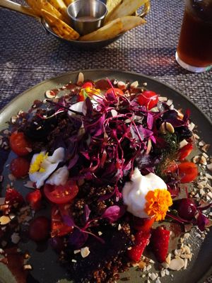 Incredible quinoa salad with roasted almonds, fresh fruit & blue cheese at Veganapati in Lisbon