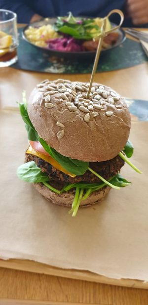 Rice and bean burger at Veganapati in Lisbon
