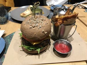 Brownie Burger with sweet potato fries and beetroot ketchup  at Veganapati in Lisbon