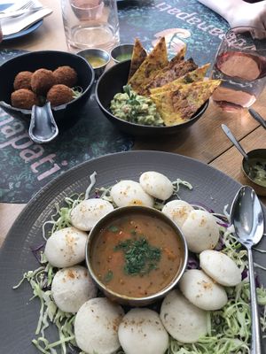 Croquettes - veganapati and avocado- lentil stew with idli/ steam buns  at Veganapati in Lisbon