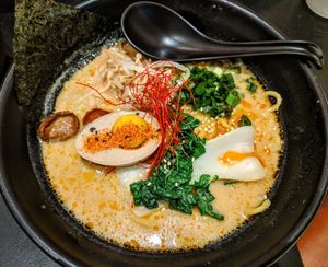 Spicy sunflower seed ramen with a vegan egg at Ramen Hood - Pop up in New York City