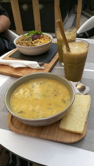 Soup of the day and salad of the day with house made juice. at Plano D in Funchal