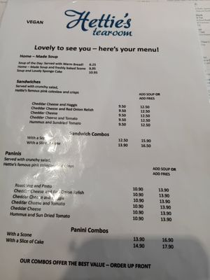 Vegan  menu - front at Hettie's Tearoom in Pitlochry