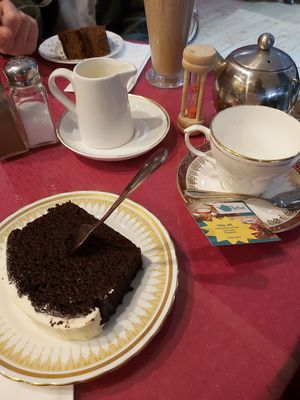 Vegan chocolate cake and Earl Grey with soya milk at Hettie's Tearoom in Pitlochry