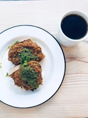 Baked bean poached egg, modified to be vegan - baked bean, no eggs and no pesto sub salsa verde $8 at Matchstick Coffee Roasters in Vancouver