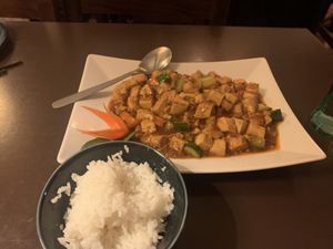 Schezuan flavoured tofu main course  at Kokyo in Stockholm