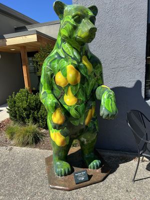 The pear bear guarding the juice bar  at True Juice in Grants Pass