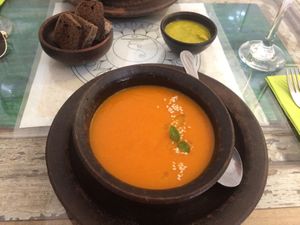 Yummy carrot soup at Kiwicha in Santiago