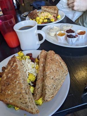 Vegetarian scrambles made vegan by substituting vegan cheese & tofu, & vegan butter for the toast! at Roasted in Bethlehem