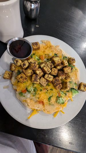 Vegan savory pancake at Roasted in Bethlehem