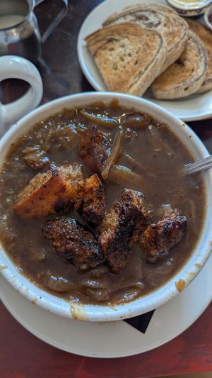 Vegan French onion soup at Roasted in Bethlehem