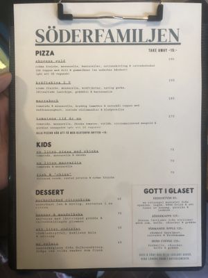 Menu - 190 SEK for a pizza is a bit much  at Söderfamiljen in Halmstad