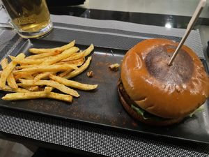Vegan burger and friess  at Βouyiata B.B.Q. Malibu Bar in Corfu