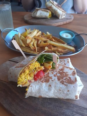 The best burrito I ever ate 😋😋😋😋😋  the fries are home made and super yummy as well! at Apuro Vegan Bar in Porto
