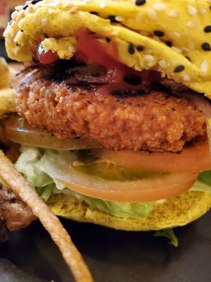 Burger close up at Apuro Vegan Bar in Porto