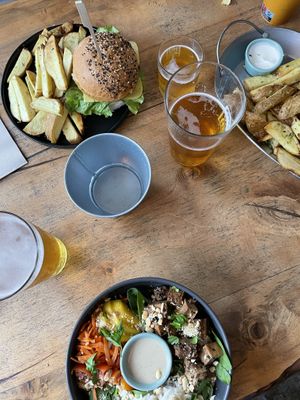 Burger, bowl and fries   at Apuro Vegan Bar in Porto
