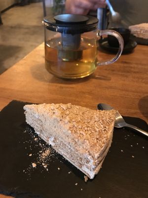 Coffee and Cream Layer Cake with Lemon Thyme Tea 🫖   at Apuro Vegan Bar in Porto