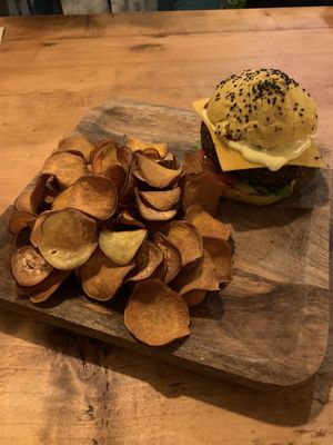 Delicious burgers with fries at Apuro Vegan Bar in Porto