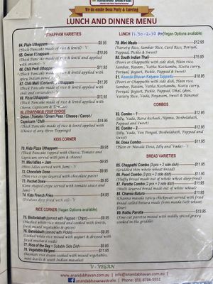 Menu August 2021 at Sri Ananda Bhavan in Narre Warren