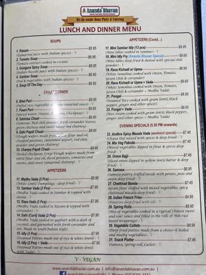 Menu August 2021 at Sri Ananda Bhavan in Narre Warren