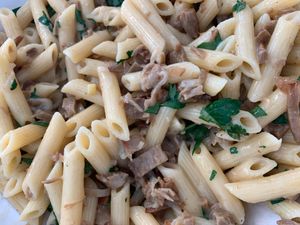 macaroni with rice cream and vegan speck at Come a Casa in Milan