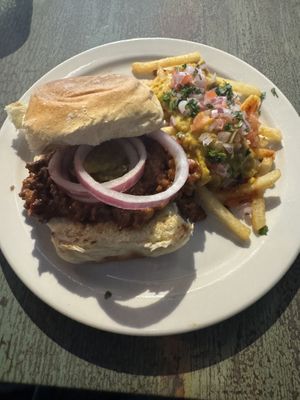 Veggie Sloppy Joe and 4-Plenty fries    at Joe Vinny & Bronsons Bohemian Cafe in El Paso