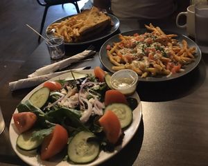 Greek Salad & 420 fries (vegetarian options) at Joe Vinny & Bronsons Bohemian Cafe in El Paso