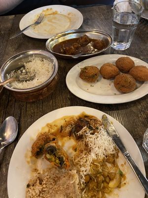 Vege Manchurian, stuff mushrooms, chana masala (mostly eaten already)   at Bolina Sweets and Indian Restaurant in Christchurch