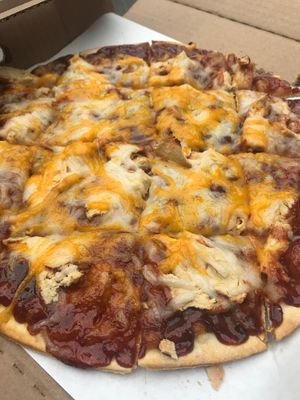 BBQ chicken.- we use made from scratch dough, Sweet Baby Ray's BBQ sauce, with Gardein Chick'n Strips and top it off with Daiya mozzarella and cheddar.   at Jake's Stadium Pizza in Mankato