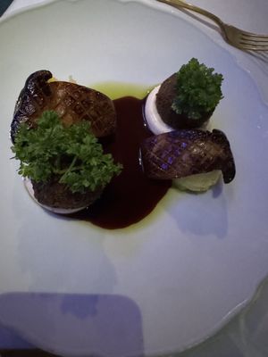 Oyster mushrooms on mashed potatoes with falafels on a medallion of vegan cream  at Klaus K in Helsinki