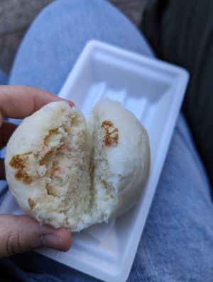 Tofu bun cut in half at Tofu Manjyu Okutan Kiyomizu in Kyoto