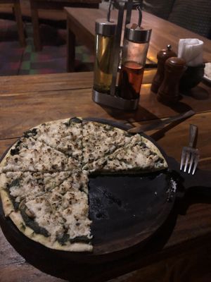 Vegan pesto pizza! at Nireas Healthy Haven in Palolem