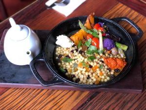 Fregola Casablanca , veggies and special sicilian semolina pasta served with aromatized broth so full of flavors and spicies!  at Glória Bistrô in Ouro Preto