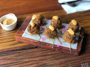 Fried Beans dumpling with spicy aioli  at Glória Bistrô in Ouro Preto