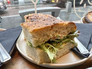 Hummus beetroot and avocado on focaccia   at Perk Cafe in Inverness