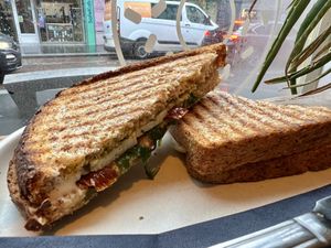Vegan mozzarella, pesto & tomato toastie   at Perk Cafe in Inverness
