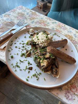 miso mushroom toast w/t veggie sausages  at Willow Grove in Glasgow