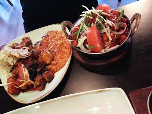 Delicious chick peas (best I’ve ever had) and buffet plate all vegan  at Popadom in Chatham