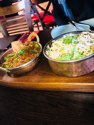 We went back again! This time we ordered off the menu and the chef made some special dishes for us too!

Garlic rice. And a wonderful aubergine dish at Popadom in Chatham