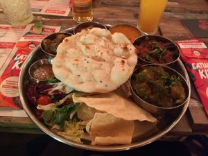 Thali (rice is hiding under my vegan naan) at Tamatanga in Birmingham