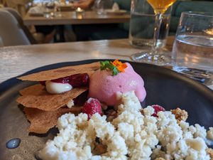 Course 5 - Cranberry and vegan cream mille-feuille with cranberry foam at L'Orygine in Quebec