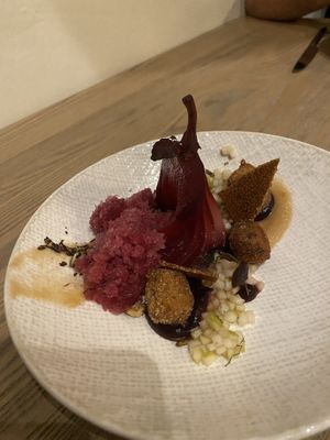 Service 5 (poached pear and wine ice)  at L'Orygine in Quebec