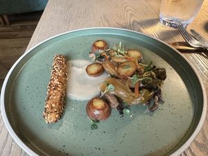 roasted potatoes, homemade tempeh at L'Orygine in Quebec