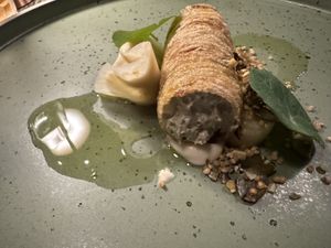 First course: cannoli with ricotta and onion  at L'Orygine in Quebec