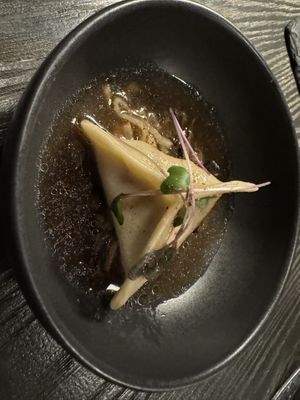 4th course: mushroom kimchi dumpling  at L'Orygine in Quebec