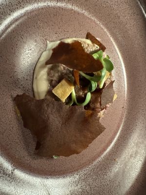 5th course: cauliflower risotto with tempeh and cherry  at L'Orygine in Quebec
